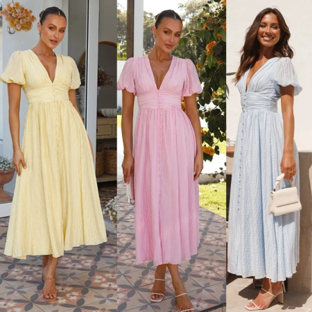 Cross-border European and American 2024 women's new solid-color V-neck long puffed sleeve oversized hem slimming dress Cross-border European and American 2024 women's new solid-color V-neck long puffed sleeve oversized hem slimming dress